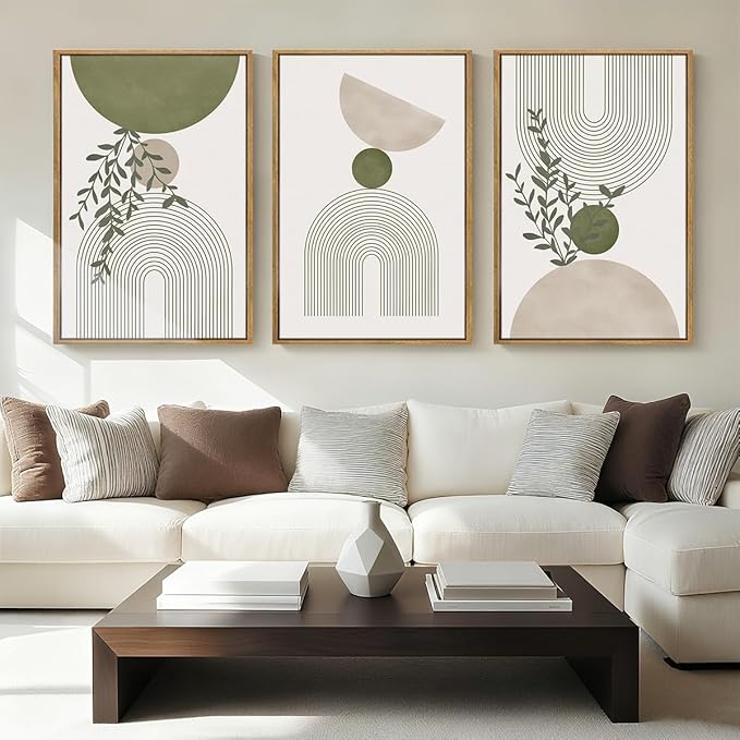 ANHUIB Boho Abstract Wall Art Canvas,Sage Green Wall Decor Framed,Geometric Line Art Prints Leaves,Minimalist Artwork Botanical,3 Piece 16x24In Beige Nature Painting for Living Room Bedroom