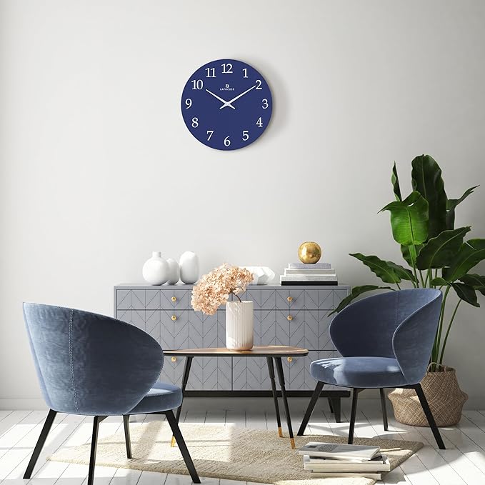 Lafocuse 12 Inch Wooden Navy Blue Wall Clock Battery Operated, Simple Minimalist Silent Kitchen Wall Clock for Living Room Decor Bedroom (Metal Hands)