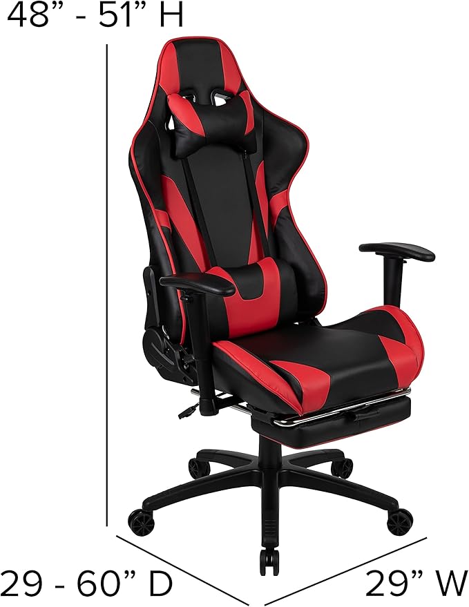Flash Furniture X30 Gaming Chair Racing Office Ergonomic Computer Chair with Fully Reclining Back and Slide-Out Footrest in Red LeatherSoft