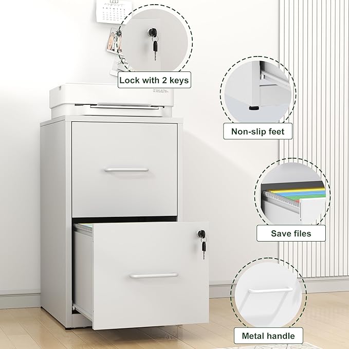 2 Drawer File Cabinet with Lock, Vertical File Cabinet with Lock, Locking File Cabinet Hanging Files for A4/ Legal/Letter, Assembly Required, White