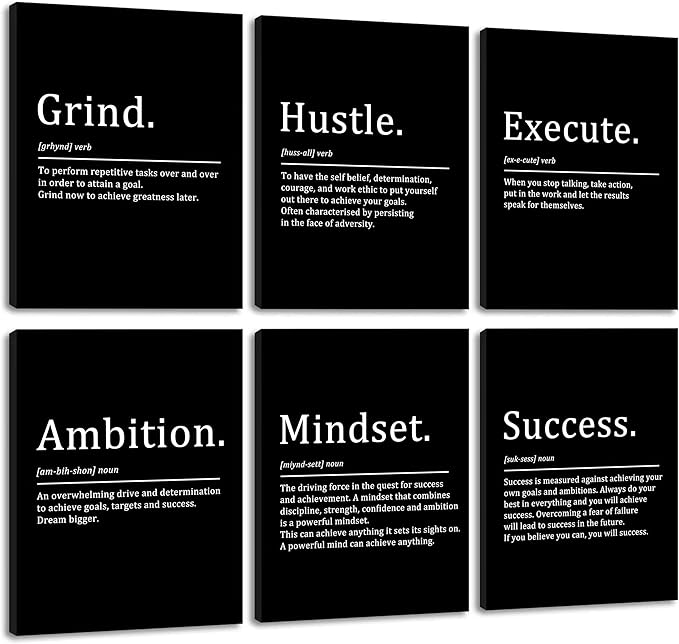 COSCTOR Set of 6 Grind Hustle Execute Ambition Mindset Success Motivational Wall Art Picture Decor Canvas Framed for Office Bedroom Inspirational Home Posters Paintings Ready to Hang(Framed,20x30)