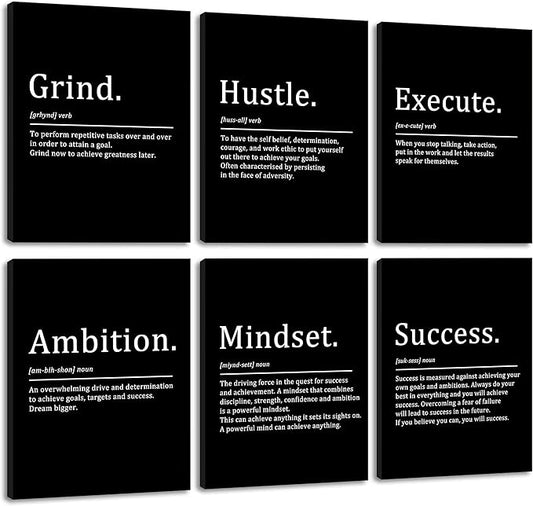 COSCTOR Set of 6 Grind Hustle Execute Ambition Mindset Success Motivational Wall Art Picture Decor Canvas Framed for Office Bedroom Inspirational Home Posters Paintings Ready to Hang(Framed,16x24)