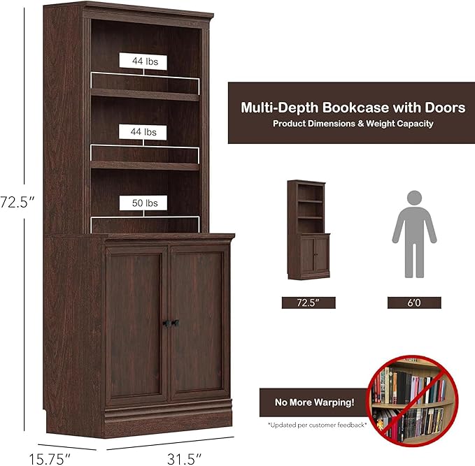 JAHRSTIM Halston Multi-Depth Bookcase, Adjustable Storage Shelving Unit with Doors for Home and Office Space, 31.5”L x 15.75”W x 72.8”H, Dark Cherry