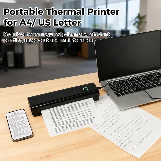 Travel Thermal Printer, Inkless Mobile for A4 Us Letter, Bt/USB, 11X3.3X2 in, Smartphone Tablet Pc, Office/Home