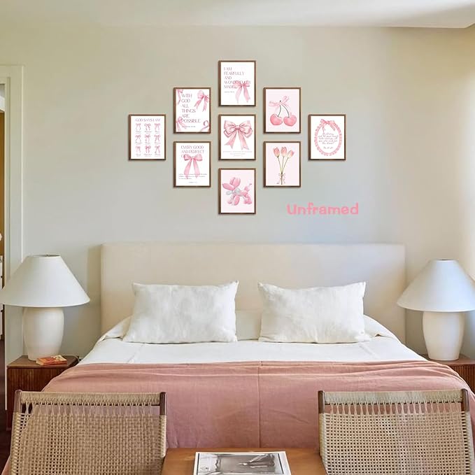 Pink Bows Bible Verse Christian Canvas Wall Art Set of 9, Trendy Posters Prints Wall Decor, Cute Coquette Preppy Girls Aesthetic Room Decor Gifts for Bedroom Living Room Home Decor 8x10inch Unframed