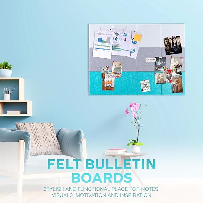 Bulletin Board 40x30in, 12 Count 9.8 x 9.8in Felt Wall Tiles with Removable Adhesive Tape, Cork Board Alternative for Walls, Wall Decor, Kids Art Display, Kids Room (Aqua Accent Collection)