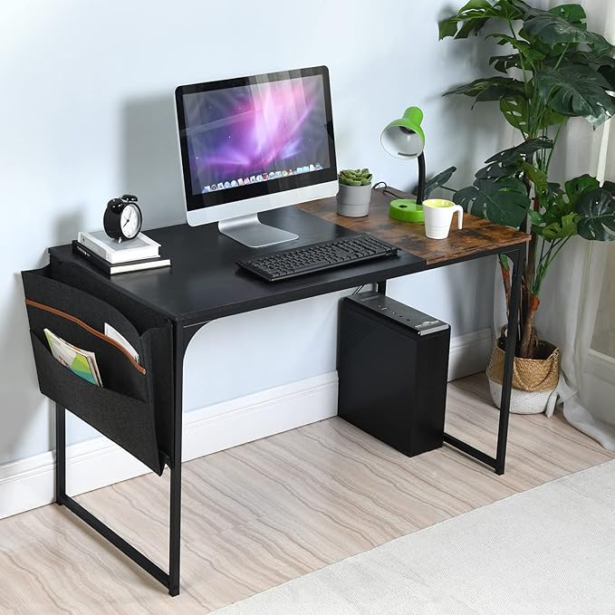 Homy Casa Inc Computer Desk 47 inch Study Writing Table with A Storage Bag Space Saving for Home Office, Modern Simple Style PC Desk, Black Metal Frame, Black & Brown Table Top