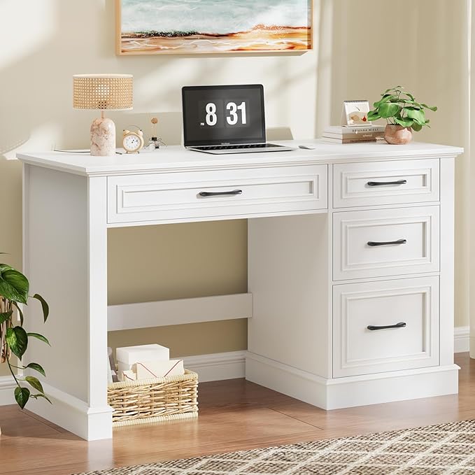 Vabches Farmhouse 47" Executive Desk with File Drawer, Computer Desk with 4 Drawers, Workstation for Study, Home Office, Writing, Cream White