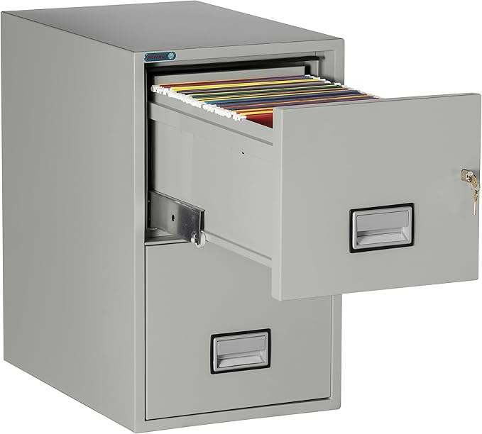 25 inch 2-Drawer Vertical Fireproof File Cabinet – Letter Size Filing – Key Lock – Water Resistant Seal – Fire and Impact Rated – Light Gray Finish – Model LTR2W25LG