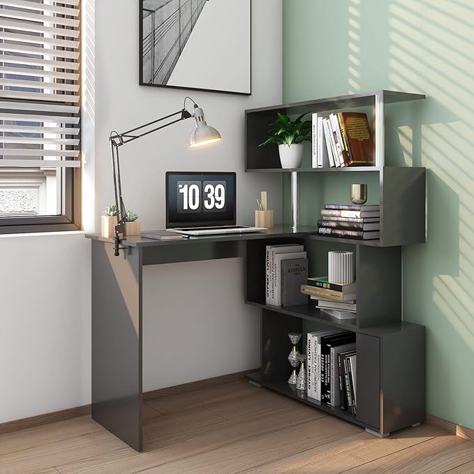 41.7" L Shaped Desk with 4-Tier Storage Shelves, Computer Corner Desk for Study Home Office Living Room (Black)