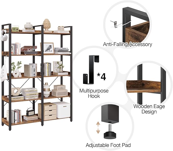Seventable Bookshelf 5 Tier with 4 Hooks, 63” Industrial Wooden Bookcase, Vintage Storage Rack with Open Shelves, Rustic Standing Bookshelves Metal Frame 43.3” Wide Display Rack, Rustic Brown