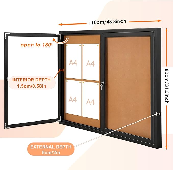 Enclosed Bulletin Board Outdoor Noticeboard with Locking Door, Weather-Resistant, Cork, Black Aluminum Frame, 43 x 31 in
