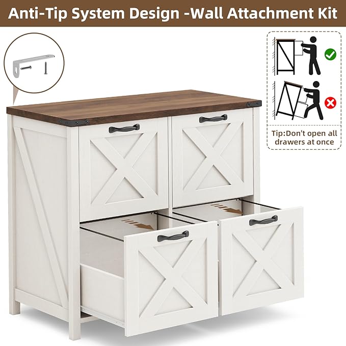 Farmhouse File Cabinet, Lateral Filing Cabinet with 4 Drawers for Letter/A4 Size Hanging Files, Wooden Printer Stand File Storage Cabinet for Home Office Cabinets, Rustic White