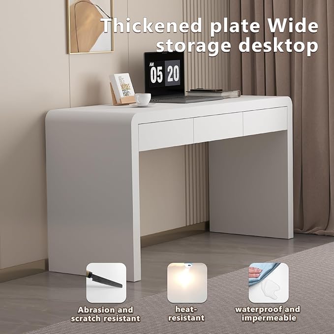 White Computer and Gaming Desk with Drawers.Home Office Desks for Bedroom.Wooden Kids' Writing Table.Three-Layer Lacquered Thick Wooden Board Work Desk That Can Be Used As A Vanity(Z-102)