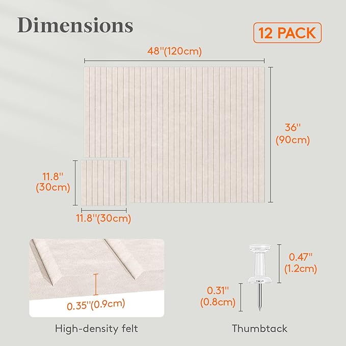 Lifewit Felt Slatted Bulletin Board with Self-Adhesive, 48"x 36"-12 Pack Cork Board Alternative, Pin Board Vision Board Message Board with 50 Pushpins for Office Decor, Room Decor, Oatmeal