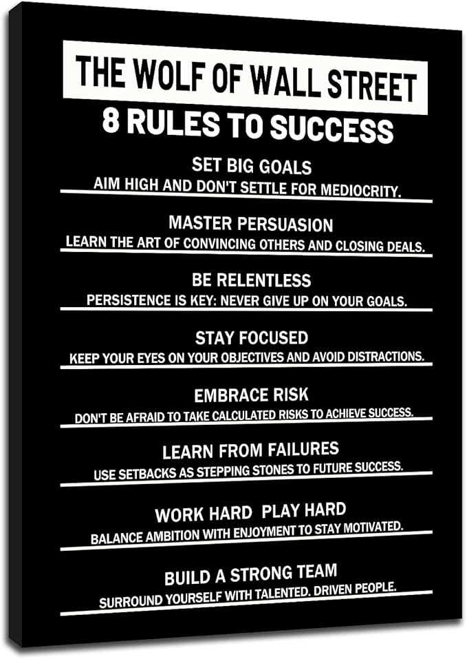 PSYYSP 8 Rules to Success Motivational Canvas Poster Inspirational Positive Entrepreneur Quotes Picture Artwork for Home Living Room Office Gym Wall Decor Ready to Hang [18''Wx24''H]
