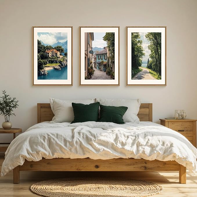 Large Vintage Italy City Coast Framed Canvas Wall Art,Modern French Country Street Wall Decor,Natural Town Tree Landscape Artwork for Living Room,Dining Room,Office -24"x36"x3
