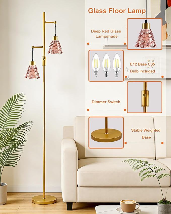 Lightdot 65IN Glass Floor Lamp for Living Room, 2- Light Gold Floor Lamps with Rose Red Glass Shade& 3000K Warm White Bulbs, Modern Standing Tall Lamp for Bedroom/Corner Beside/Home Decor