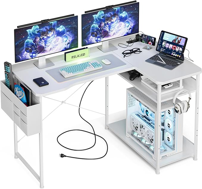 L Shaped Gaming Desk 48 Inch - Computer Corner Desk with Power Outlets, Reversible Shelves & Storage Bag for Home Office, PC Gaming Table, White Carbon