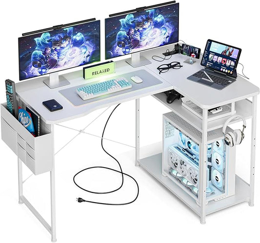 L Shaped Gaming Desk 48 Inch - Computer Corner Desk with Power Outlets, Reversible Shelves & Storage Bag for Home Office, PC Gaming Table, White Carbon