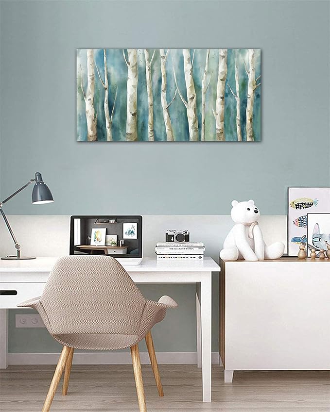 yearainn Abstract Birch Trees Canvas Wall Art - 20" x 40" Modern Turquoise Nature Printing Artwork for Living Room, Bedroom, Home Office Decor