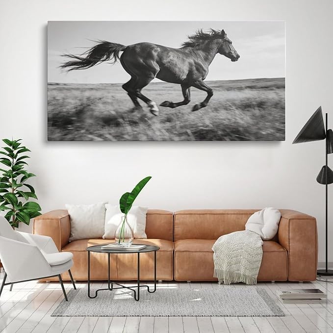 Black White Running Horse Framed Canvas Wall Art for Office, Animal Wall Decor 24" L x 12" W
