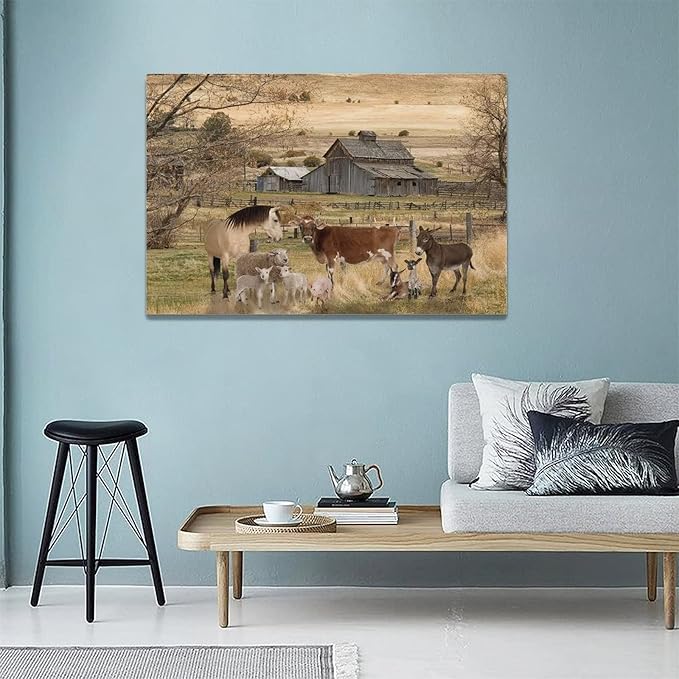 yerretin Farm Animal Wall Art Country Old Barn Pictures Wall Decor Rustic Canvas Print Farmhouse Landscape Painting Modern Home Artwork for Living Room Bedroom Bathroom Office Framed, 24"x16"