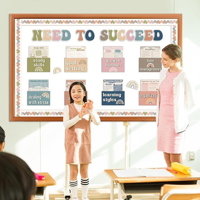 47 Pcs Need to Succeed Counselor Bulletin Board Set Boho Mental Health Classroom Bulletin Board Decorations Positive Growth Mindset Posters with Covers for Counseling Therapy Office School Home Decor