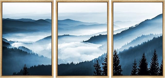 SIGNWIN Framed Canvas Print Wall Art Set Misty Blue Duotone Mountain Range Forest Nature Wilderness Photography Modern Decorative Colorful Rustic for Living Room, Bedroom, Office - 16"x24"x3 Natural