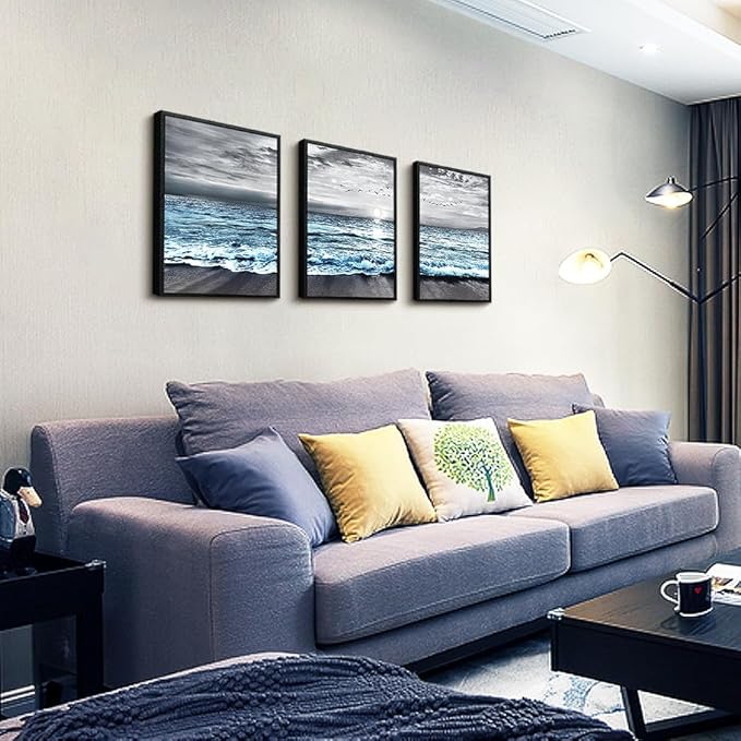 Black Framed Canvas Wall Art For Living Room & Bedroom Decor - Black And White Beach Wall Painting - Blue Ocean Sea Wave Pictures - Modern Office Posters - Home Decor Set of 3