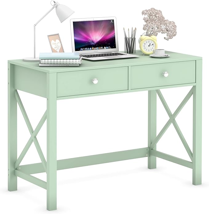 WiberWi Home Office Desk with Drawers, Small Writing Computer Desk for Bedroom, Modern Green Makeup Vanity Table for Girls, Study Table for Home Office