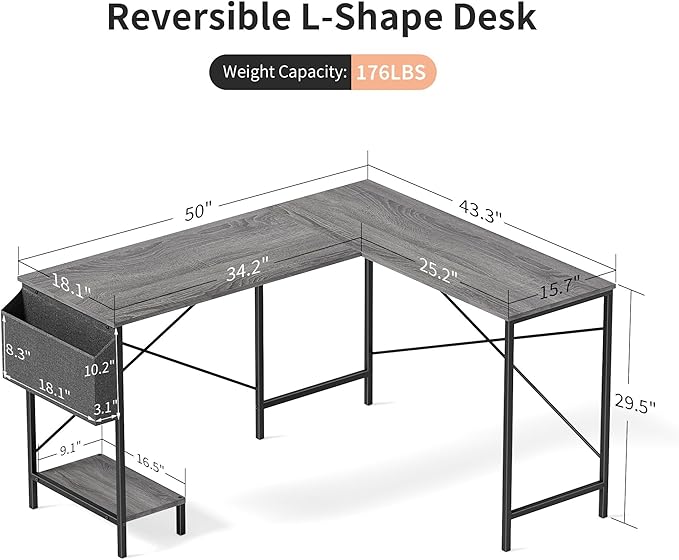 L Shaped Desk - 50" Reversible Home Office Computer Desk, Wood Top, Metal Frame, Side Bag, Sturdy Gaming Desk Corner Table for Work, Writing and Study, Space-Saving