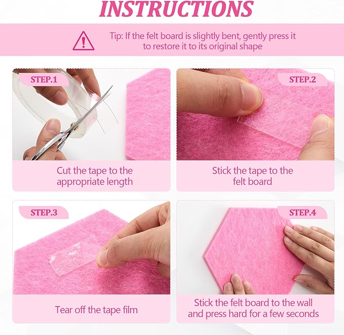 16 Pcs Hexagon Cork Board for Walls with 50 Wooden Push Pins 6.7 x 5.9 in Felt DIY Tiles Notice with Nano Tape Hanging Bulletin Board for Home Photo Office Memo Note (Pink)