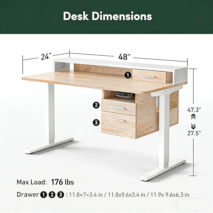 FEZIBO Standing Desk with Wood Drawers, 48" x 24" Electric Height Adjustable Table with Monitor Shelf, 3 Drawers and Open Storage, Computer Home Office Sit and Stand up Workstation, Maple