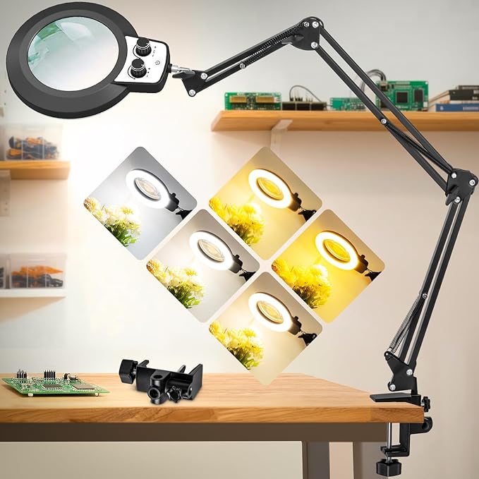 12X Magnifying Glass with Light, Ultra Long 3 Section Arm LED Desk Lamp with Large Clamp, 3 Color and Brightness Hands Free Magnifier Light for Workbench Craft(12X 35in Circular Knob Clamp)