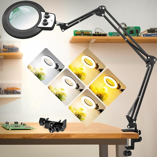 12X Magnifying Glass with Light, Ultra Long 3 Section Arm LED Desk Lamp with Large Clamp, 3 Color and Brightness Hands Free Magnifier Light for Workbench Craft(12X 35in Circular Knob Clamp)