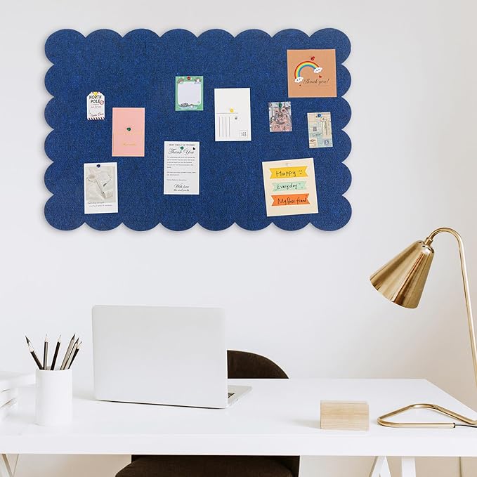 Scalloped Felt Bulletin Board 48 x 36 Inches Foldable Dark Blue Pin Cork Board Alternative for Wall, 4' x 3' Trifold Picture Vision Self Adhesive Bulletin Decorative