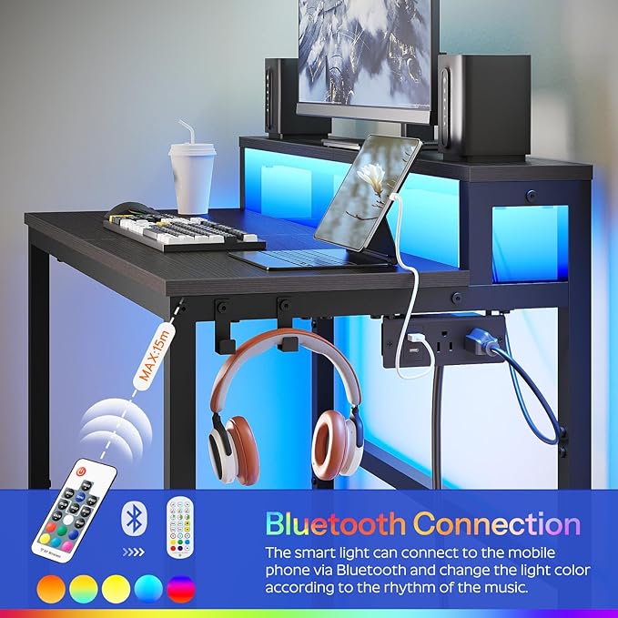 Small Computer Desk with Charging Station and LED Lights, Gaming Desk with Monitor Stand, 2-Tier Home Office Desk with 4 Side Hooks, for Living Room, Home Office, Black DN01UDBBY2