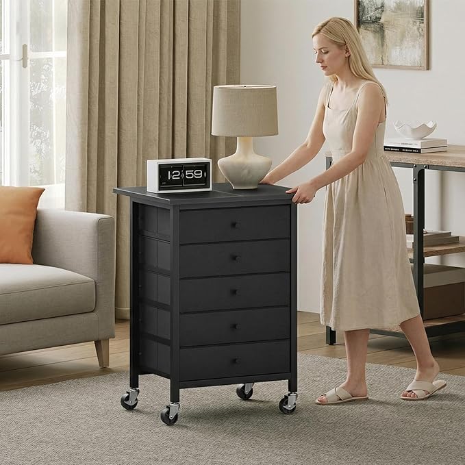 5 Drawer File Cabinet,Rolling Filing Chest Cabinet with Wheels, Under Desk Storage Organizer, Printer Stand with Non-Woven Fabric Drawer, for Home Office, Study, Black FCBK4801