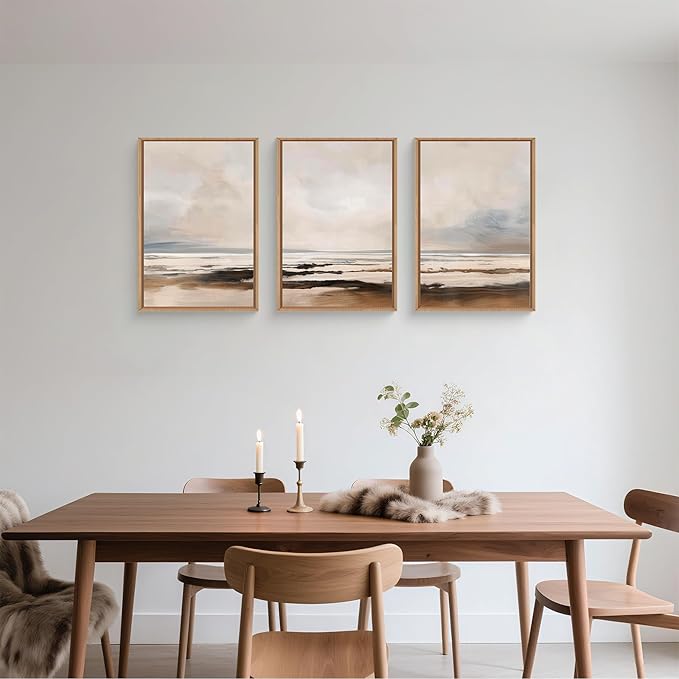 HOURIA Large Neutral Abstract Gray Framed Wall Art Set,Minimalist Modern Beige Brown Landscape Wall Decor,Wilderness Filed Artwork,Watercolor Misty Lake Print for Living Room,Bedroom,Office- 24"x36"x3