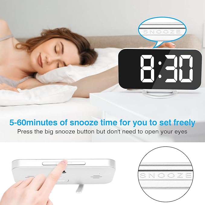 Sukeen Digital Alarm Clock,6" Large LED Display with Dual USB Charger Ports | Auto Dimmer Mode | Easy Snooze Function, Modern Mirror Desk Wall Clock for Bedroom Home Office for All People (White)