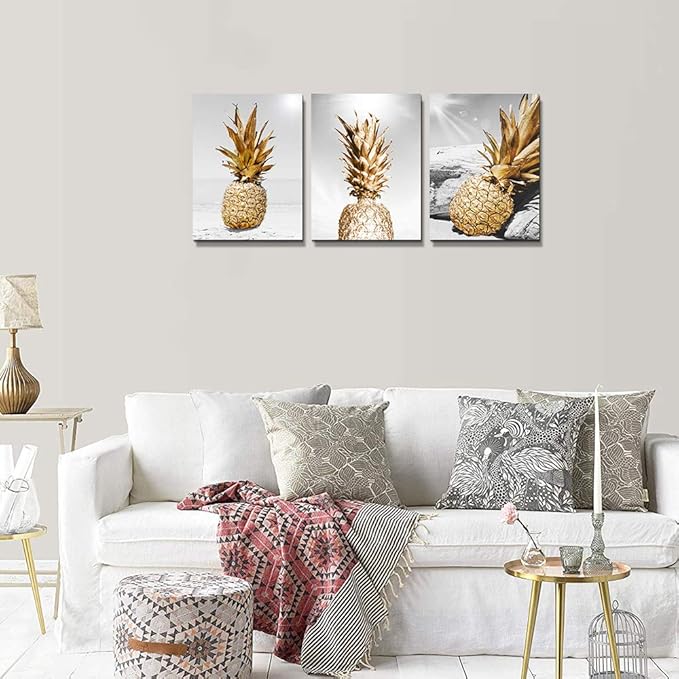 Canvas Wall Art For Bar Kitchen Restaurant Wall Decor Living Room Bathroom Home Decoration Black And White Beach Scenery Golden Pineapple Pictures Office Decor Artwork Ready To Hang 12x16 3 Piece