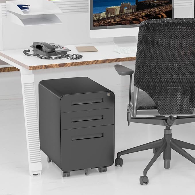 Modern Round Corner 3 Drawer Mobile Steel File Cabinet with Lock, Black, 19.69"L x 15.75"W x 23.62"H, Home Office