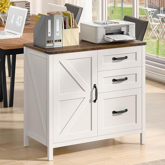 Farmhouse Lateral Filing Cabinet, Lateral File Cabinet with 3 Drawers and Storage Cabinet, Wooden Printer Stand with File Drawer for Letter/A4 Size Hanging File for Home Office, Rustic White