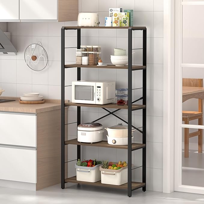 FOLUBAN 5 Tier Tall Bookshelf, Industrial Bookshelves and Bookcases, Modern Rustic Wood and Metal Book Shelf for Bedroom, Living Room and Home Office, Oak