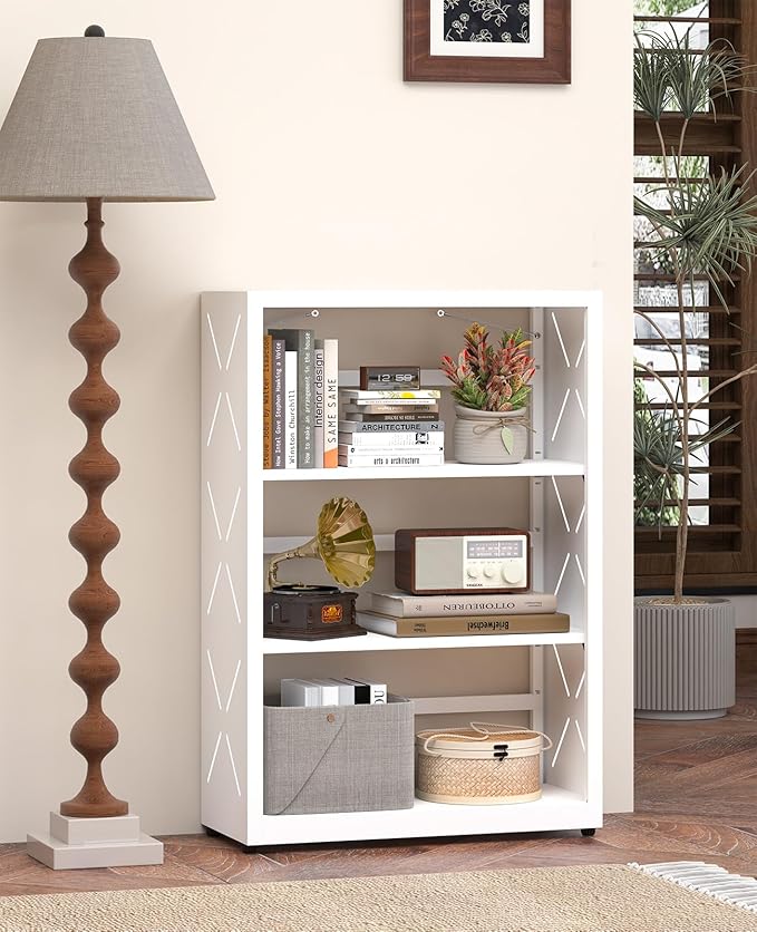 3 Tier Metal Book Shelf, Adjustable Bookcase with Anti-Tip Device & Leveling Feet, Heavy-Duty White Corner Bookshelf for Home Office, Bedroom, Garage