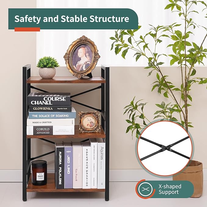 Yoobure Bookshelf Small Book Shelf, Solid Industrial 3 Tier Shelf Bookcase, Short Book Case for Bedroom, Living Room, Office Home, Small Spaces, Easy Assembly Berry Brown