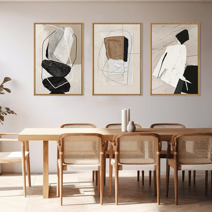 ANHUIB Large Abstract Wall Art Canvas,Black Beige Artwork,NeutralModern Framed Wall Art, Minimalist Geometric Painting,24x36 Inches Set of 3 for Living Room Bedroom