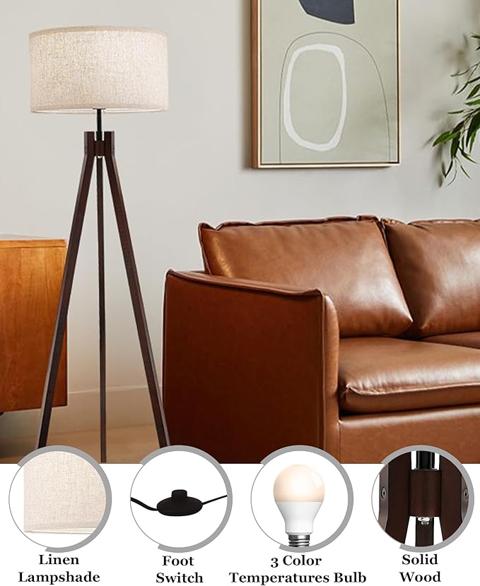 ELYONA Wood Tripod Floor Lamp for Bedroom, 3 Color Temperatures & Linen Shade, Modern Reading Standing Lamp with 9W LED Bulb, Mid Century Night Light for Farmhouse, Living Room, Office, Walnut
