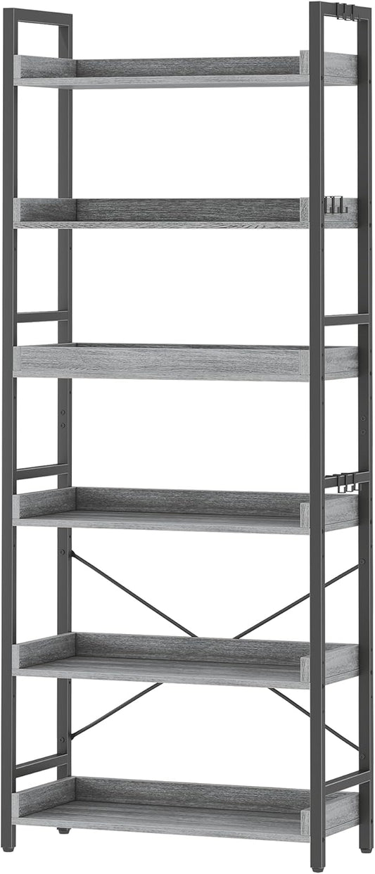 HCHQHS 6 Tier Bookshelf, Adjustable Industrial Bookcase, Vertical Tall Book Shelf, Wood and Black Metal Open Bookshelves for Home Office, Living Room, Bedroom